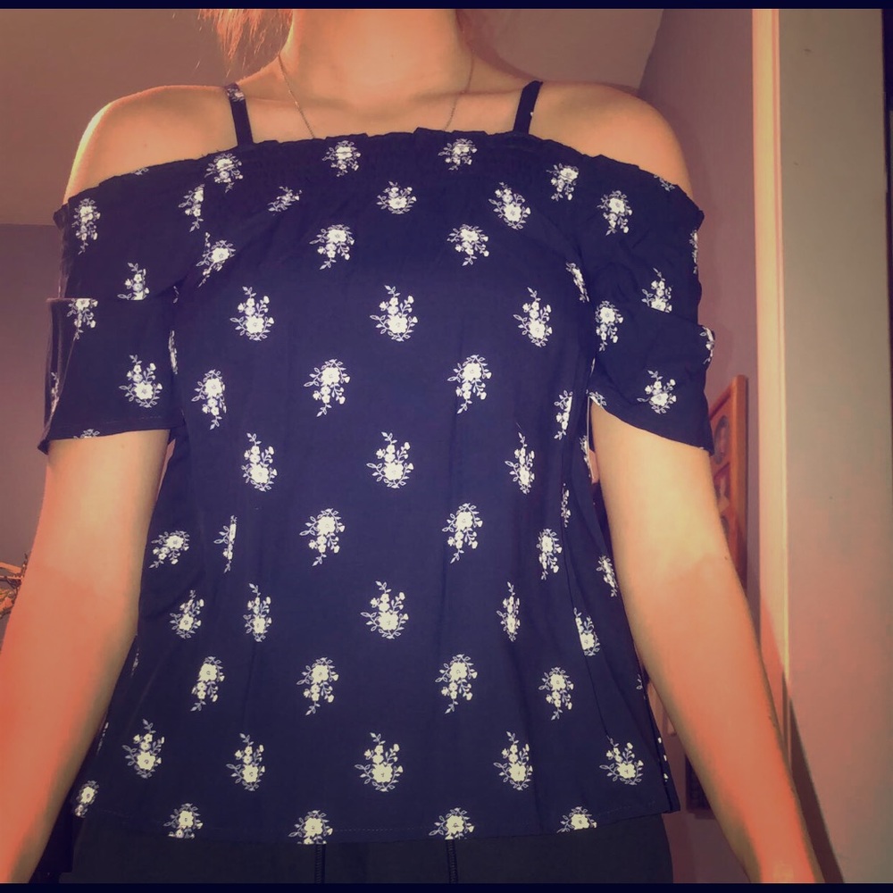 navy blue off the shoulder top with white accents